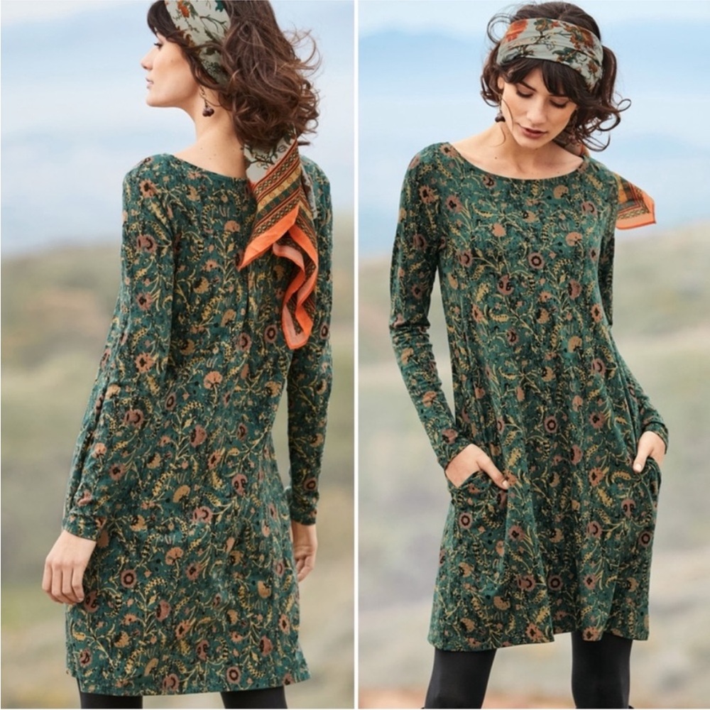 Peruvian Connection Orla Dress S Green Floral Pockets Cotton Blend Modest Boho